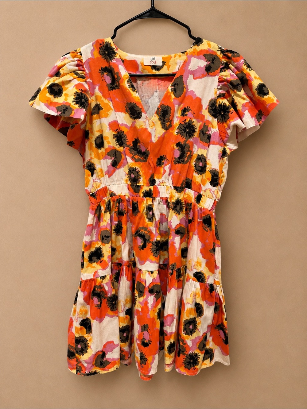 Girl With Soul Floral V-Neck Mini Dress — Orange & Pink Bloom